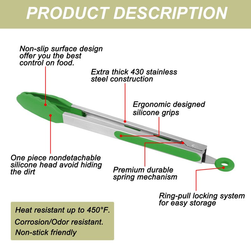 Silicone-Tipped Cooking Tongs Set - 3 Pcs Green & Burgundy