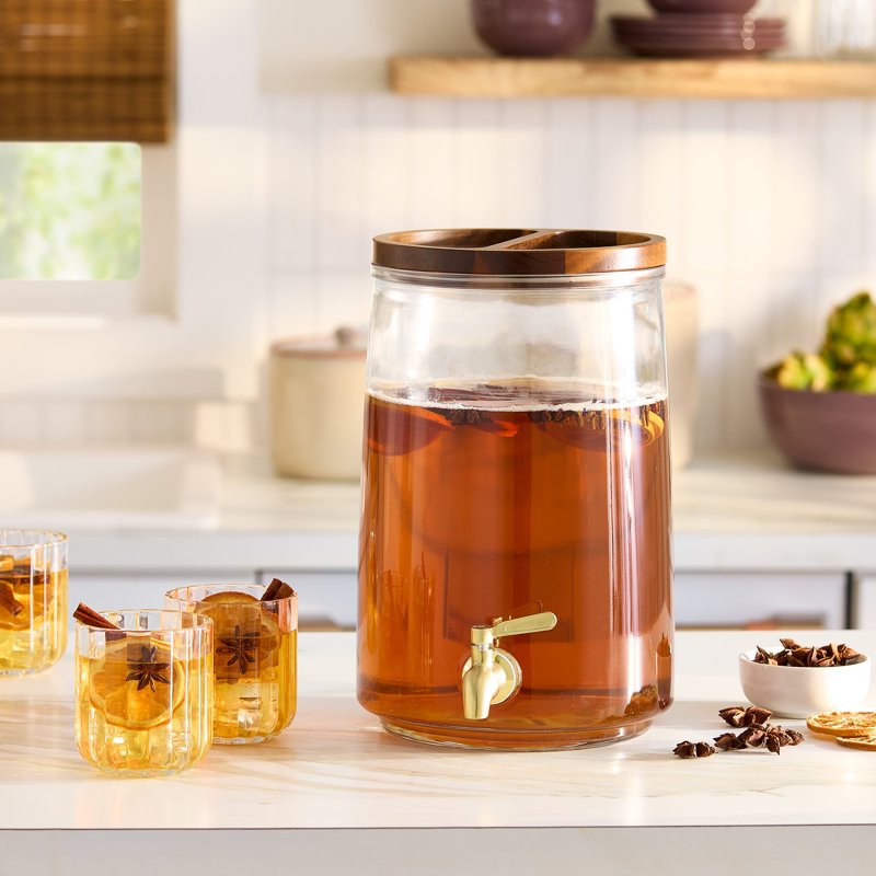 2 Gallon Glass Beverage Dispenser with Wood Lid - Clear