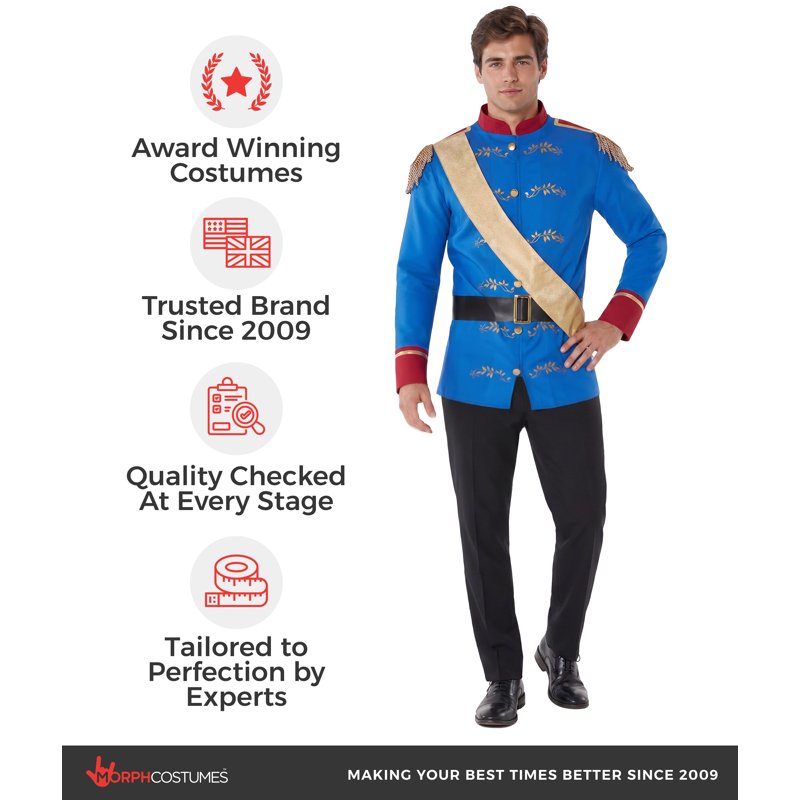 Men's Prince Charming Costume with Jacket, Sash & Belt - Royal Blue & Gold