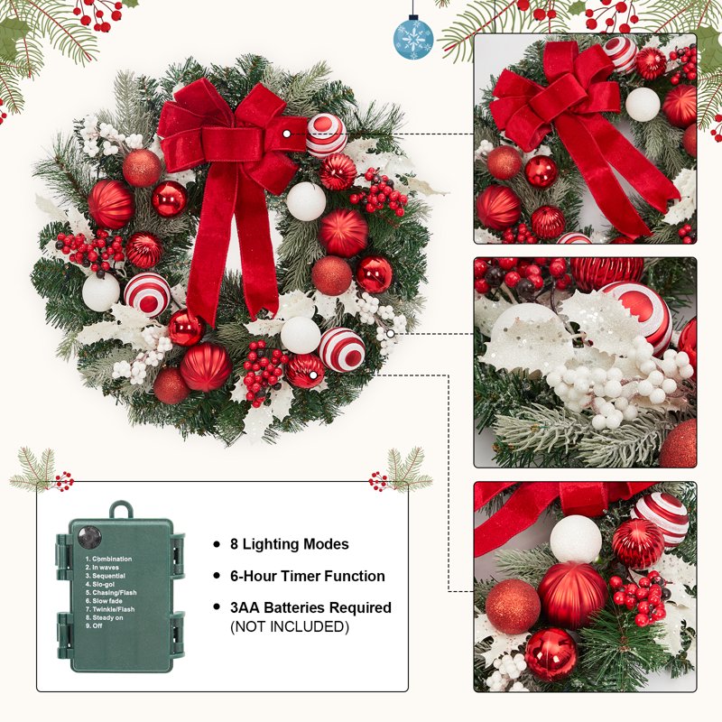 24 Inch Lighted Christmas Wreath with Timer - Red & White Holiday Decor with 20 LED Lights