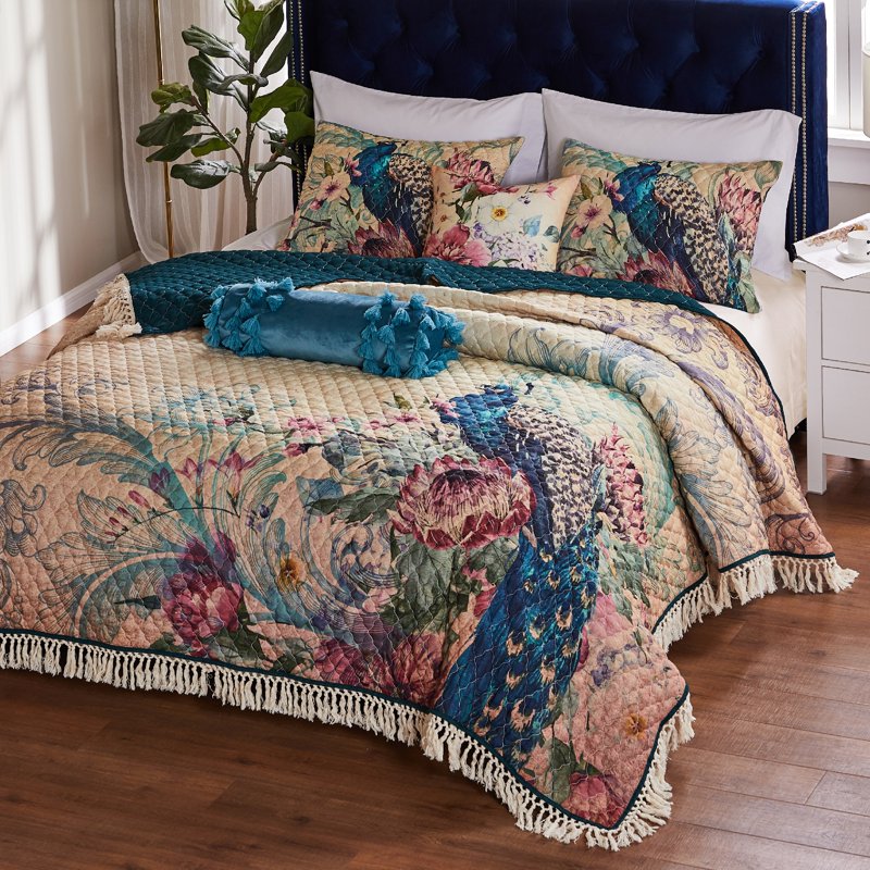 Vintage Peacock Quilt Set with Crochet Trim – Twin/Twin XL, Eden Variation