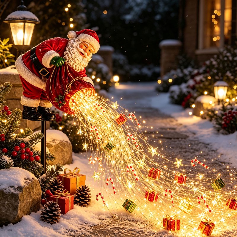 Santa Magic Pouring LED Christmas Garden Light - Solar Stake with Star Gift Box Candy Cane - Outdoor Holiday Decor - Variation B6