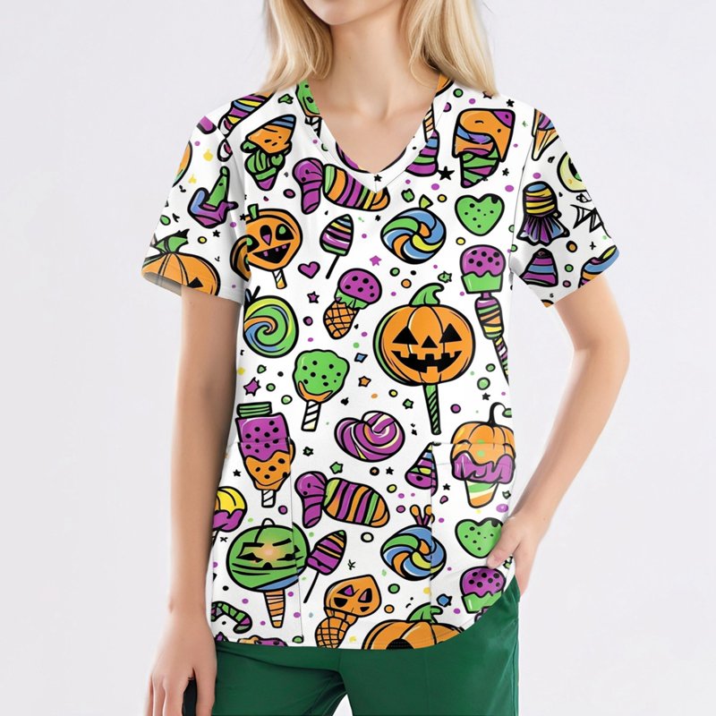 Plus Size Halloween Pumpkin-Head Bat Print Scrub Top - Light Green XXXXL
