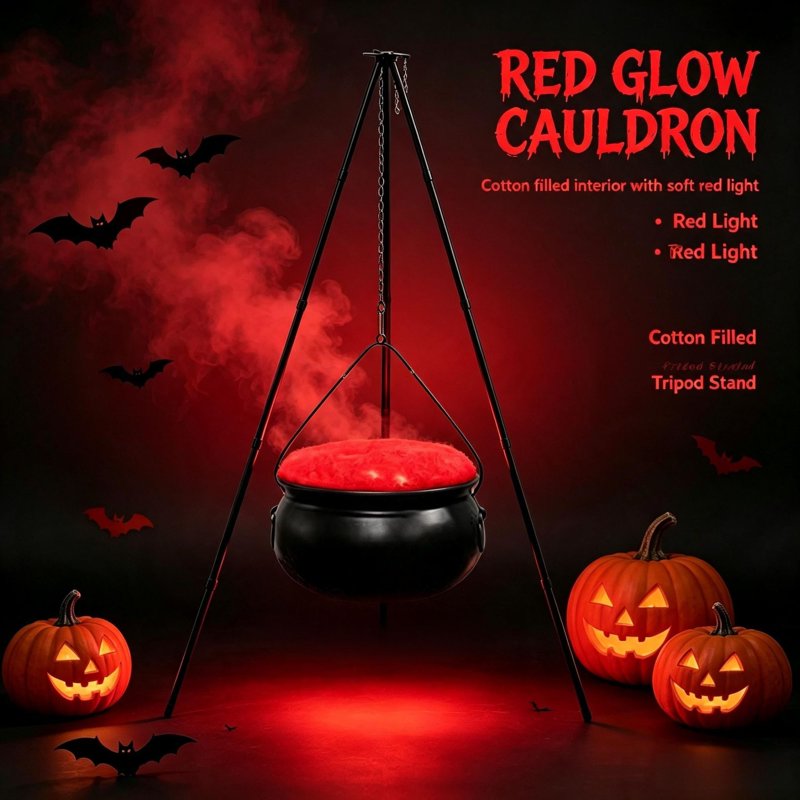 Halloween Outdoor Cauldron Decoration with Tripod & Timer Lights - Red 30.4x7.8 Inches - Versatile Yard & Party Decor - Variation: 11-Red, C