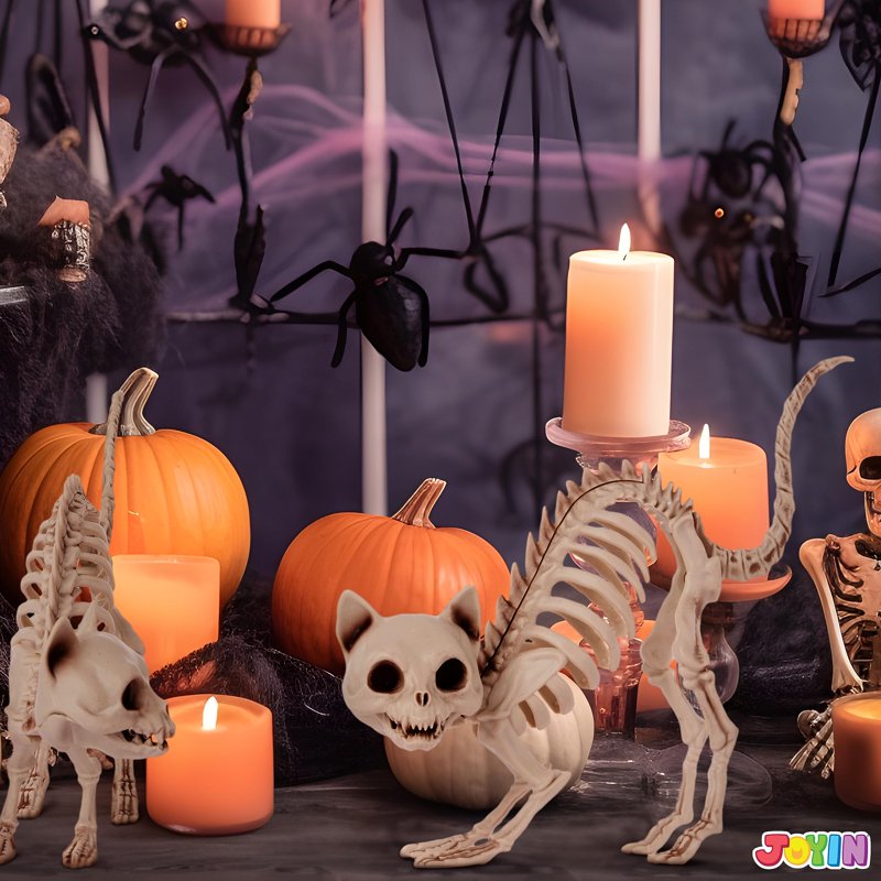 2 Pcs Halloween Skeleton Cat Decorations - Posable Plastic Indoor Outdoor Props