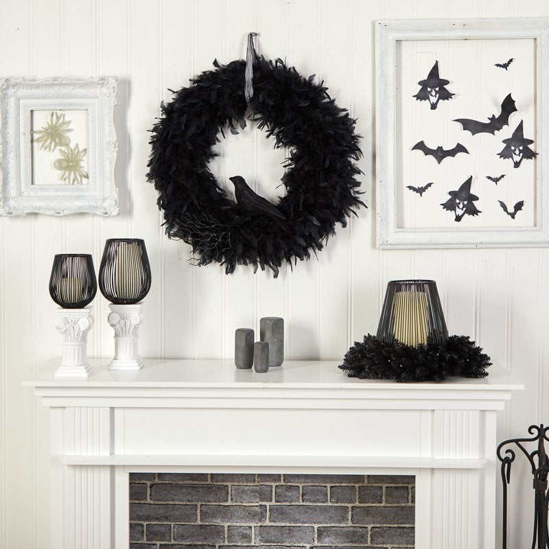 Halloween Raven Feather Wreath - 30 Inch Artificial Fall Decor