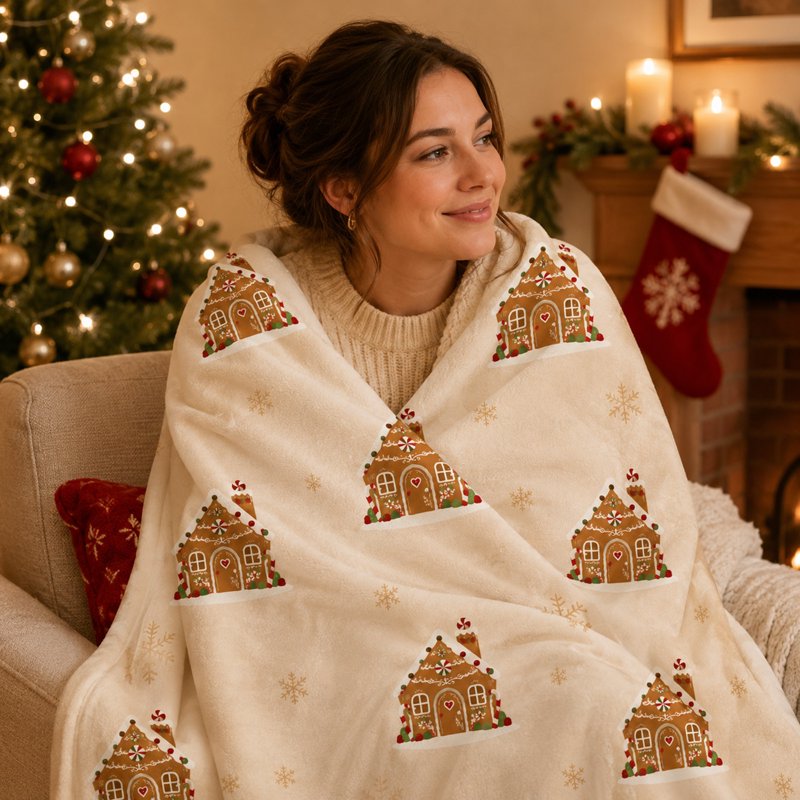 Throw Blanket Winter Flannel Gingerbread House - Neutral 59 x 39.37 inches