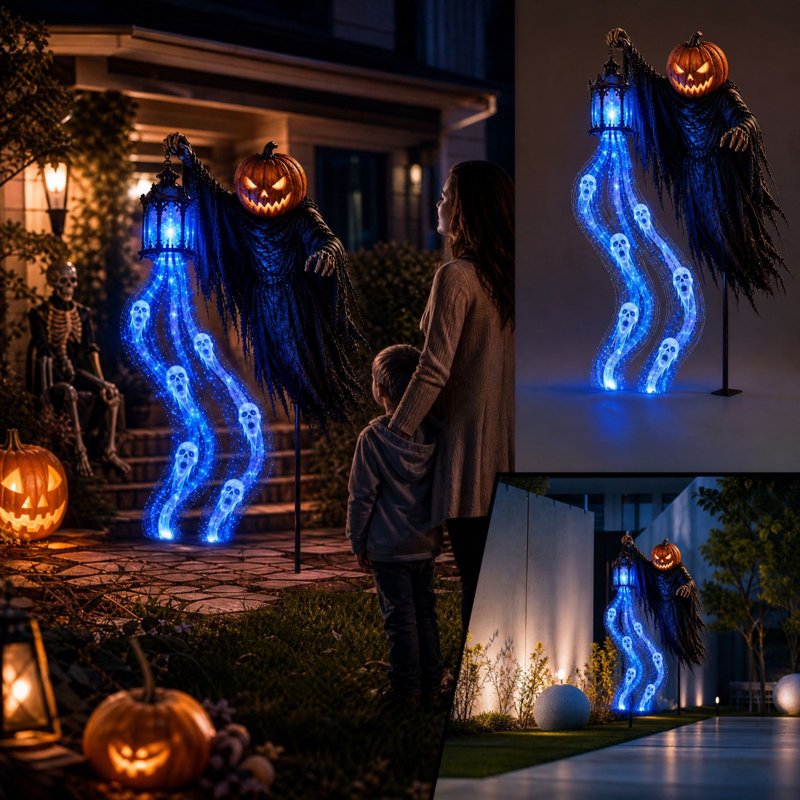Halloween Soul Harvester Garden Stake Light - Solar Reaper with Blue LED Ghost Stream - Variation 02