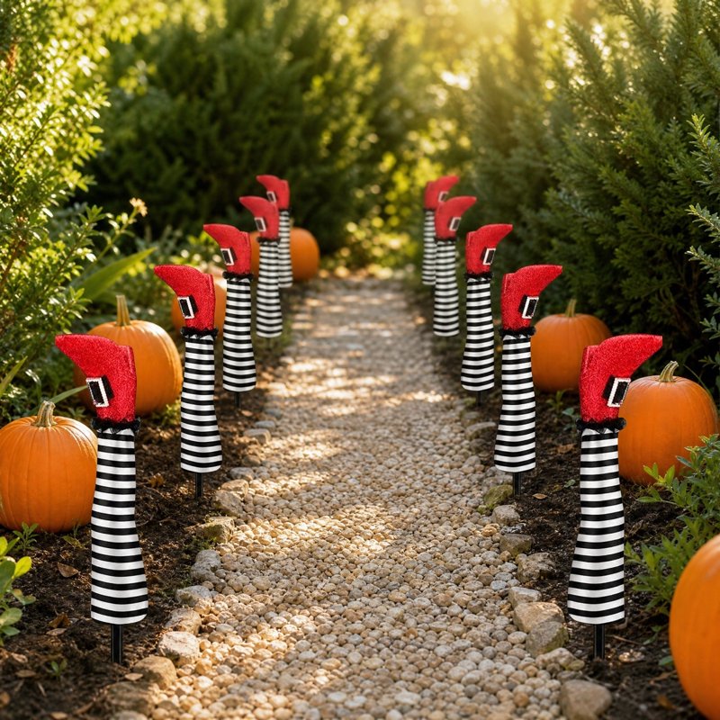 Halloween Witch Leg Yard Stakes with Glitter Shoes and Striped Stockings - White Variation