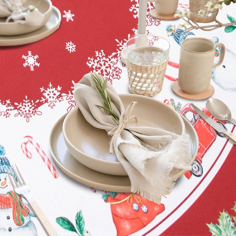 Christmas Tablecloth - 60 Inch Round Red, Machine Washable Polyester