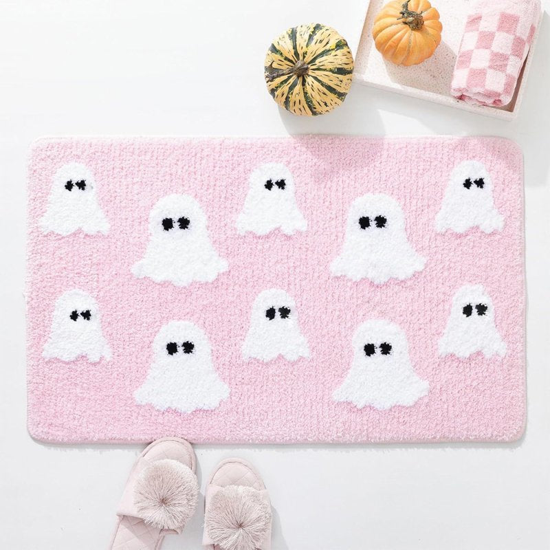 Halloween Ghost Bath Mat Pink 23.6x15.7in Faux Fur Rug with Secure Grip - OVFUIZ Irregular Variant