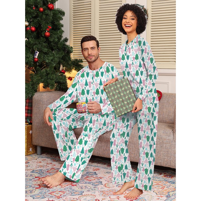 Christmas Pajama Sets for Couples - White Tree XL Holiday Sleepwear