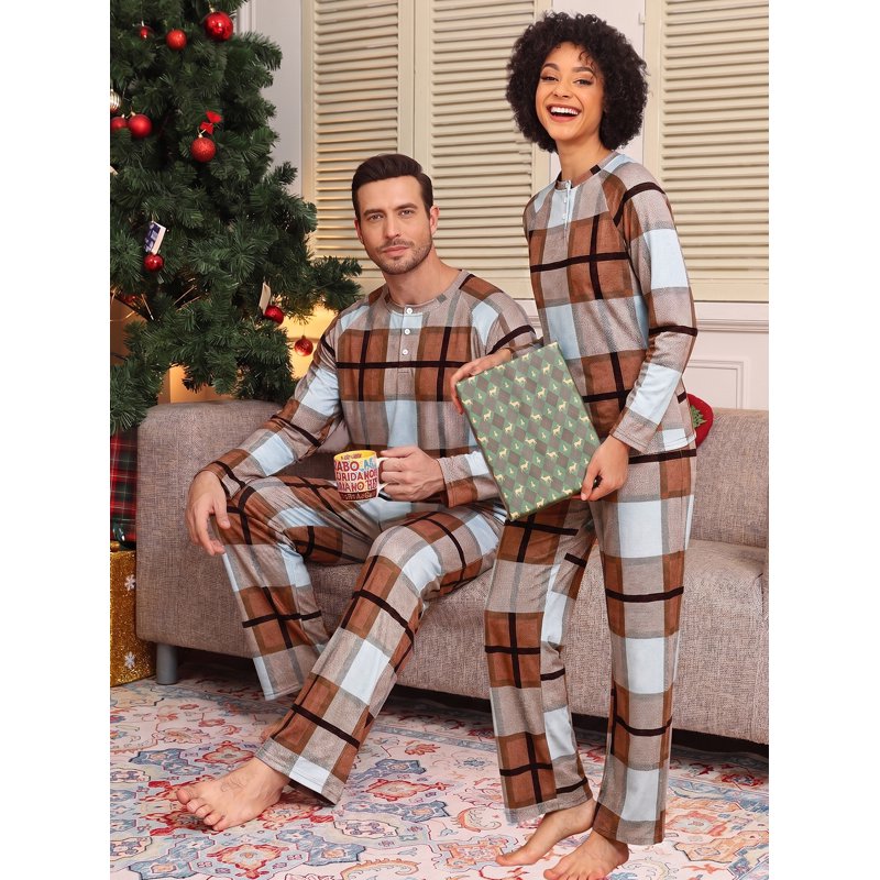 Men's Brown White Plaid Couple Pajama Sets - Soft Sleepwear with Pockets
