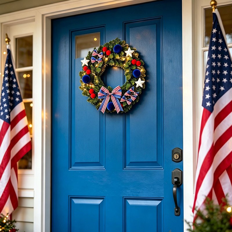 Patriotic 4th of July Wreath for Front Door - Red White Blue Flower Decor - Variation Z0C