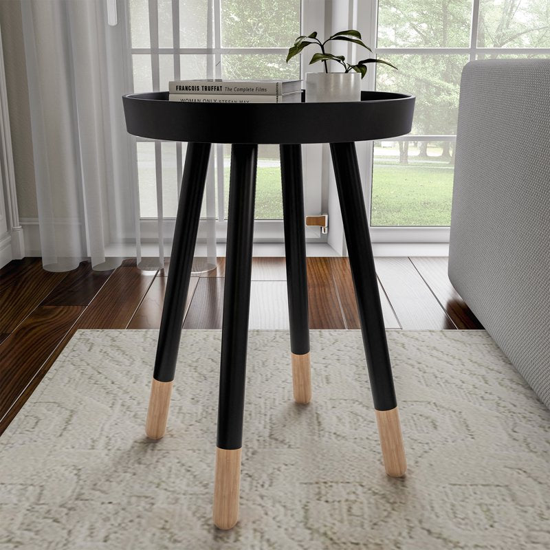 Modern Round Side Table with Tray Top - Black Wooden Accent Table