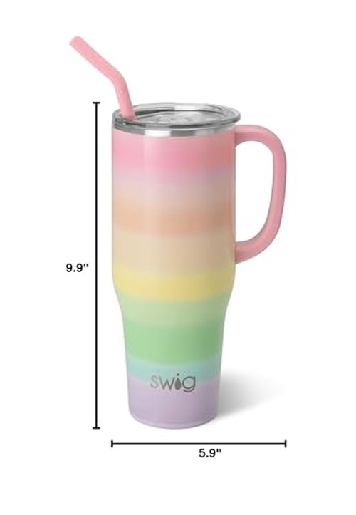 Swig Life 40oz Mega Mug, 40 oz Tumbler with Handle and Straw, Cup Holder Friendly, Dishwasher Safe, Extra Large Insulated Tumbler, Stainless Steel (Over The Rainbow)