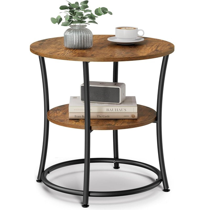 Rustic Brown Round 2-Tier Side Table with Industrial Steel Frame