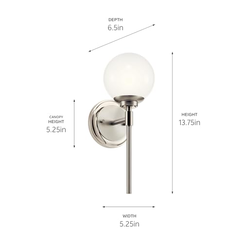 Kichler Benno 1-Light Wall Sconce, Modern Light with Opal Glass in Polished Nickel and Brushed Nickel, for Bathroom, Powder Room, Kitchen, Bedroom, or Hallway (13.75" x 5.25"), 55170PN