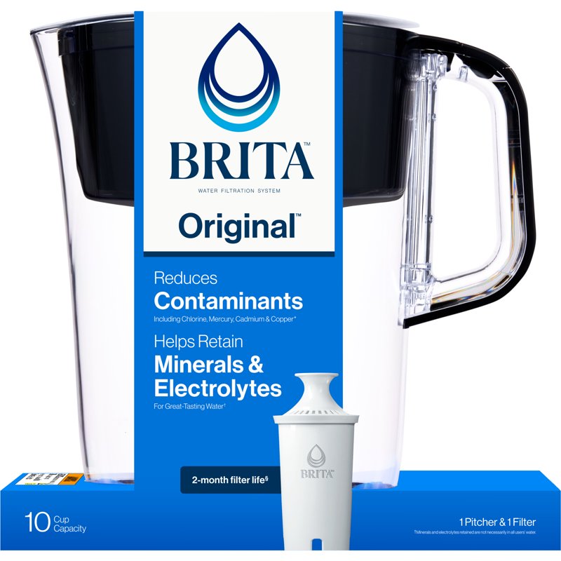 10-Cup BPA-Free Water Filter Pitcher - Black with 1 Filter