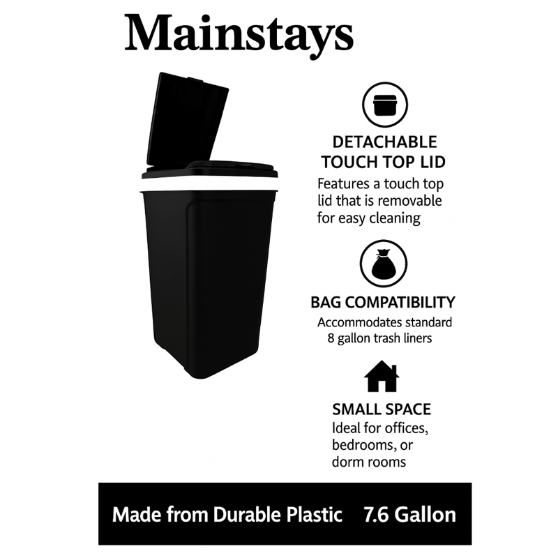 7.6 Gallon Kitchen Trash Can - 2 Pack with Touch Top Lid, Black
