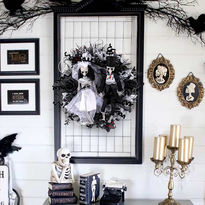 Halloween Creepy Wreath for Front Door 16 Inch Skeleton Bride and Groom Decor