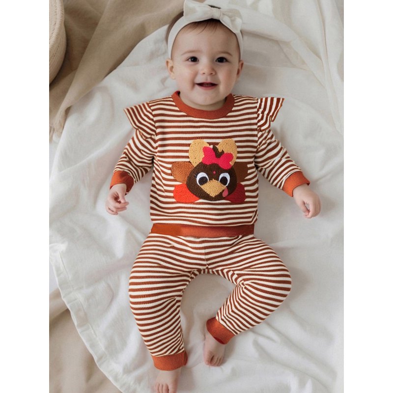 Toddler Girls Pumpkin Embroidery Sweatshirt & Striped Sweatpants Set - Style 32, 2-3 Years