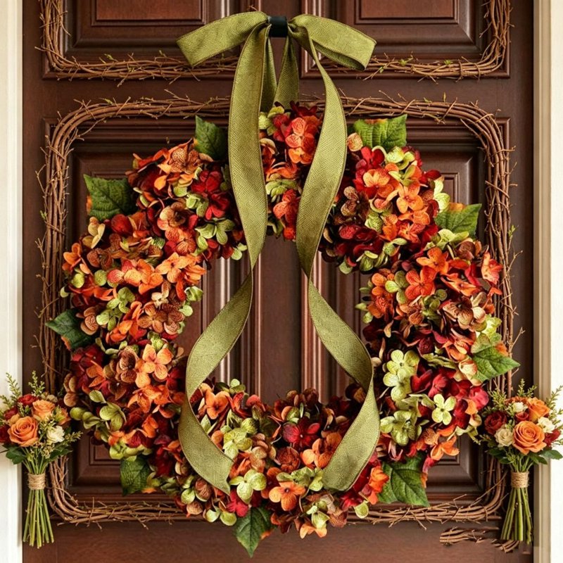 Fall Wreath for Front Door - Large Maple Leaf & Hydrangea Halloween Thanksgiving Decoration F-9