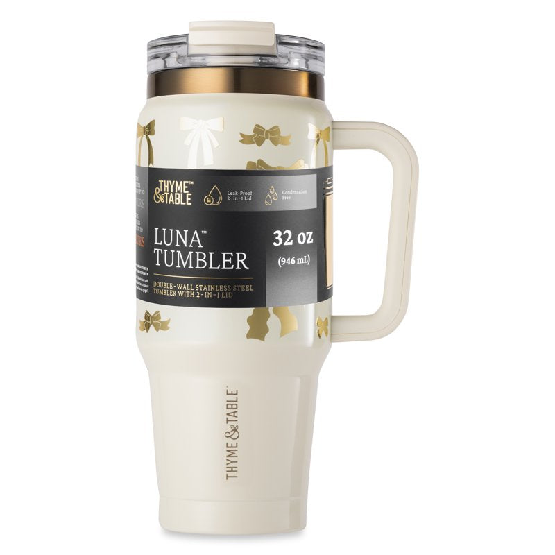 32oz Stainless Steel Tumbler with Handle & Dual Straw Lid - Cream & Gold Bows