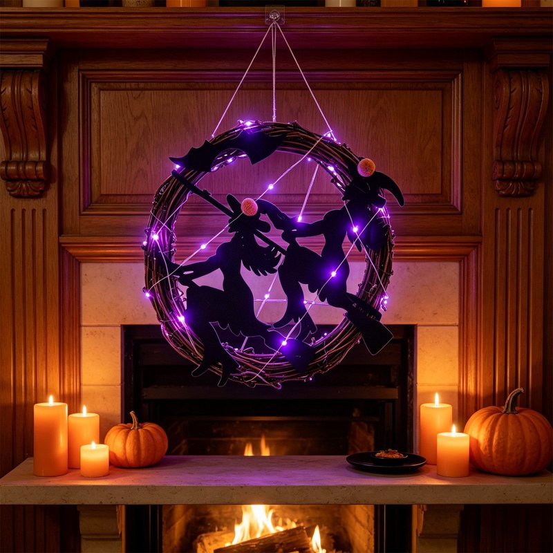 Halloween Wreath with Purple LED Witch & Bats - Gothic Front Door Decor - Variation of Witch & Wand