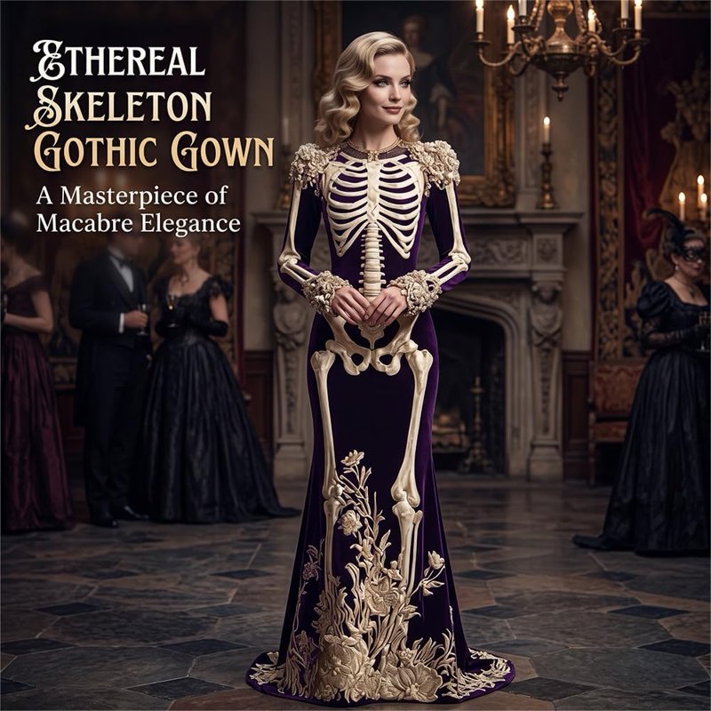 Purple Gothic Skeleton Maxi Dress for Women Halloween Costume - Elegant Long Sleeve Evening Gown