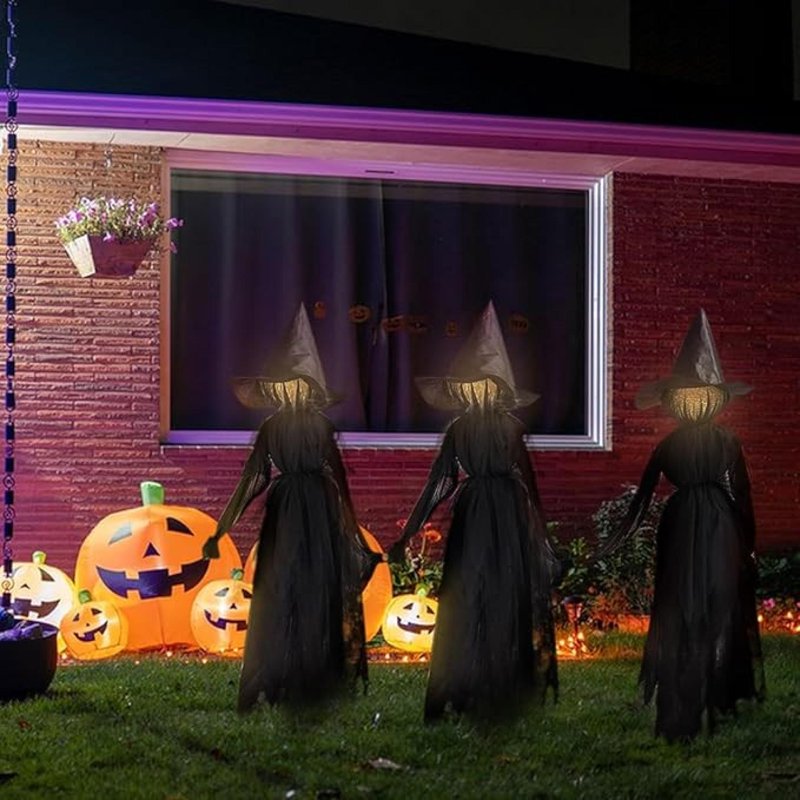 Life-Size Light-Up Screaming Witch Halloween Decor 3PC - Outdoor LED Animated Spooky Yard Display