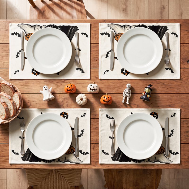Halloween Ghost Jack-O'-Lantern Black Cat Placemats Set of 4 12x18 Inch Home Decor