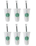 Starbucks 6 Pack Reusable Venti 24oz Frosted Cold Cup With Lid and Green Straw w/Stopper