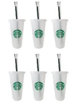 Starbucks 6 Pack Reusable Venti 24oz Frosted Cold Cup With Lid and Green Straw w/Stopper