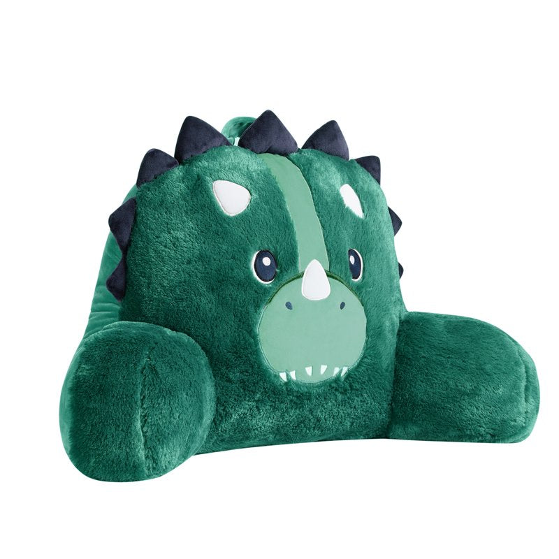 Kids Dinosaur Backrest Pillow - Teal Green Faux Fur Lounger with Armrests