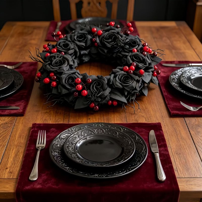 Gothic Halloween Wreath with Black Roses & Witch Hat - 14 Inch - Variation G