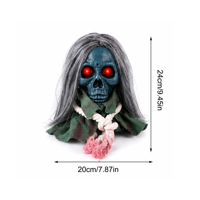 Halloween Moving Skull Head Prop with Long Hair, Creepy Hanging Skeleton Decor - Blue Variation