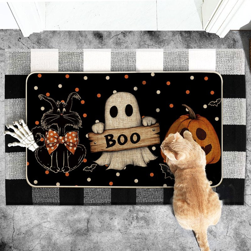 Halloween Welcome Doormat 17x29 Inch Polka Dot Black Cat Ghost Jack-O'-Lantern