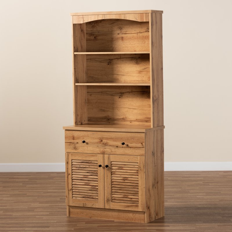 Modern Oak Brown Wood Buffet and Hutch Kitchen Cabinet
