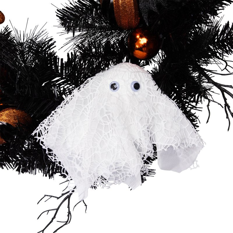 Halloween Twig Pine Wreath with Ghost & Ornaments - 24 Inch Unlit