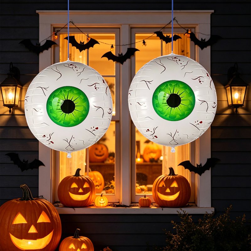FEOLGEHLY Green Inflatable Eyeball Halloween Decorations - 2PCS Bloodshot Horror Balloons for Yard Party