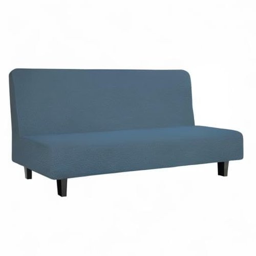 Easy-Going Stretch Futon Slipcover Armless Futon Bed Cover Furniture Protector Without Armrests with Elastic Bottom for Kids, Soft Jacquard Fabric Small Checks (Large, Bluestone)