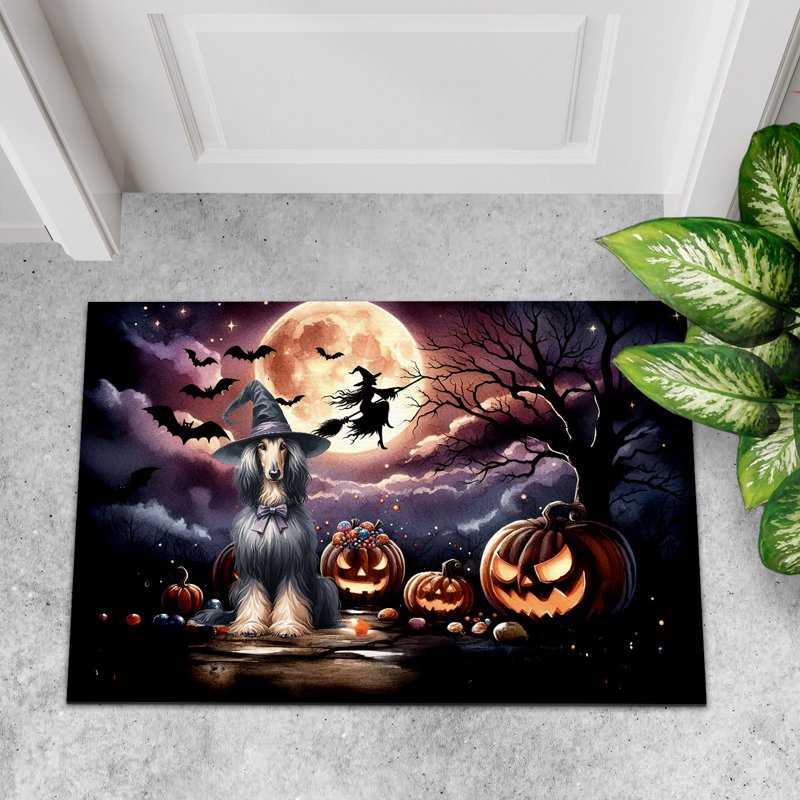 Rubber Doormat 24x16in - Halloween Witch Afghan Hound Glow Pumpkins Dog Lover Entrance