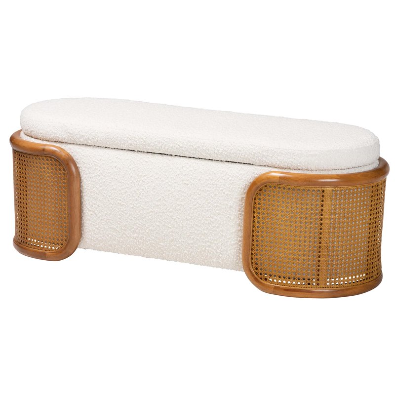 Japandi Storage Bench - Cream Boucle Fabric with Rattan