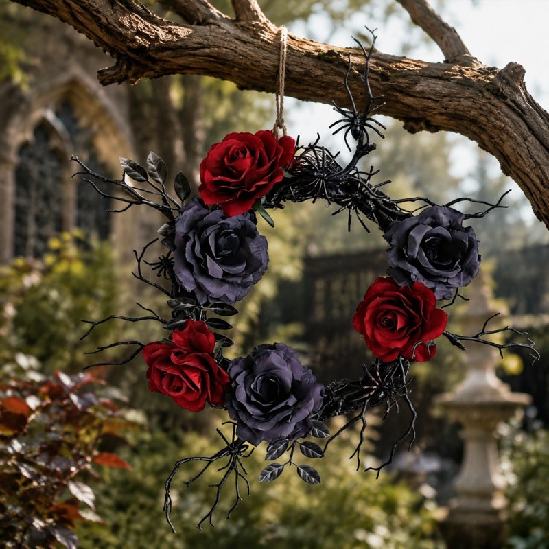 Halloween Wreath with Red Roses - 12 Inch Gothic Fall Door Decor, Bats & Skulls