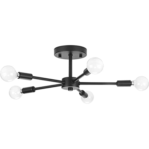 Progress Lighting Delayne Collection 16 in. 5-Light Matte Black Close-to-Ceiling Light Etched Glass Modern