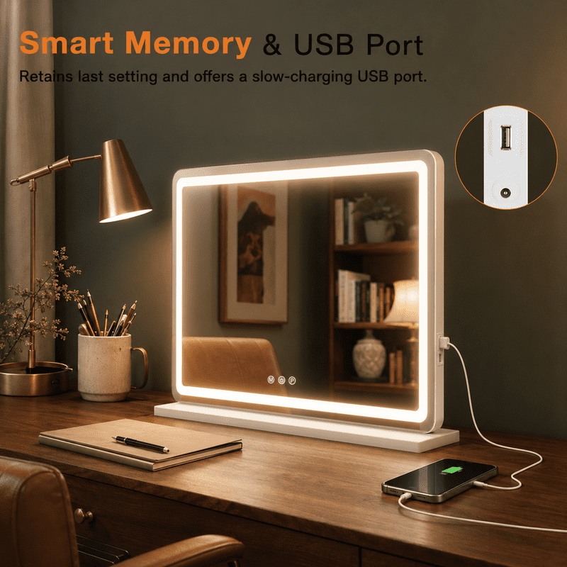 LED Lighted Vanity Mirror with Dimmable 3-Color Modes and USB Charging Port