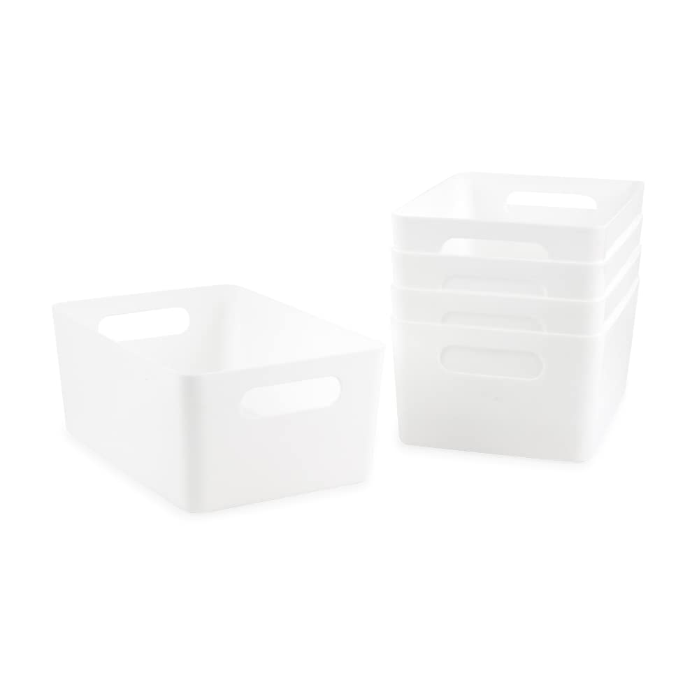 Isaac Jacobs 5-Pack Medium White Storage Bin (9.5” x 6.5”x 4”) Set w/Cut-Out Handles, Plastic Organizer, Multi-Use, Home, Office, Pantry, Closet, Kitchen