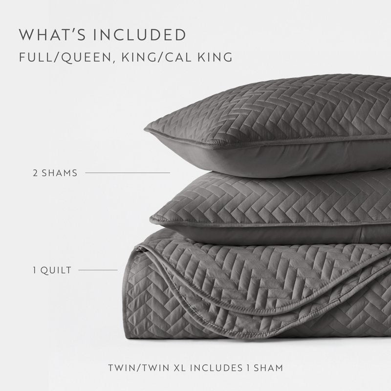 Queen/Full Gray Herring Pattern Quilted Coverlet Set with Shams - Soft & Durable Bedding