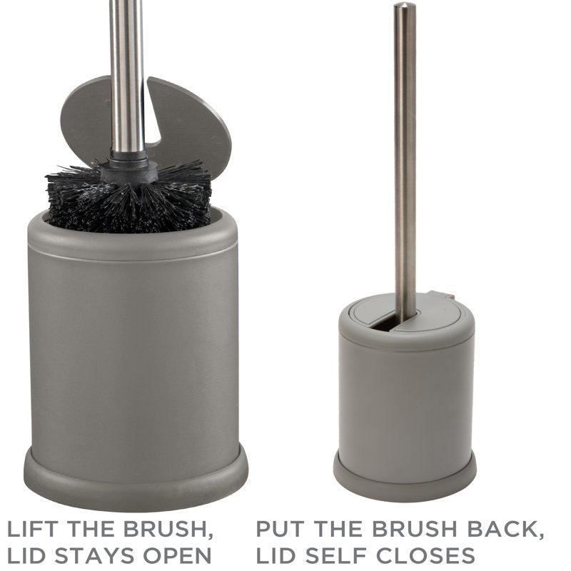 Self-Closing Toilet Brush and Holder Set - Grey, 2 Pack | Hygienic Stainless Steel Design